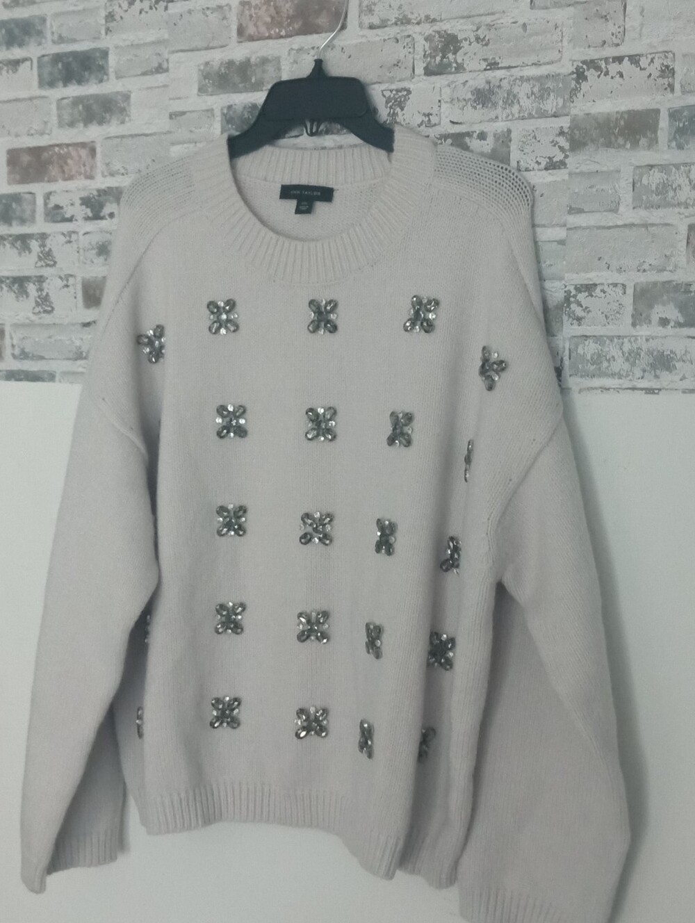 Ann Taylor Ivory Crewneck Sweater with Silver Embellishments